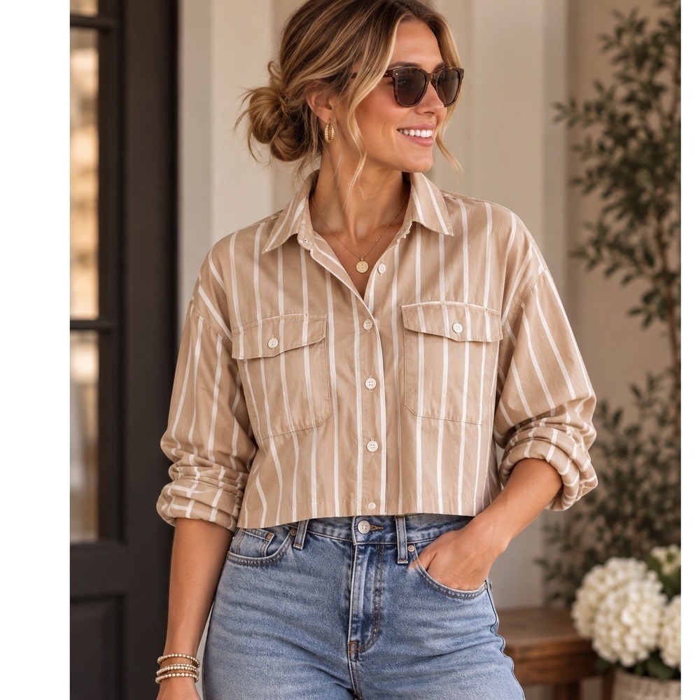 Coastal Striped Boxy Crop Button Down Shirt Preppy Tan Quiet Luxury Neutral Sz L